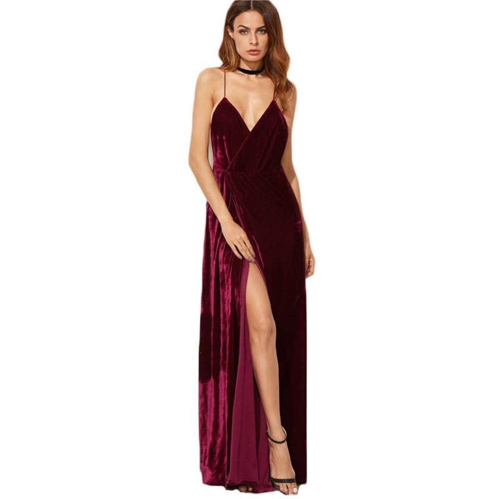 Burgundy Velvet Maxi Backless Dress-Medium